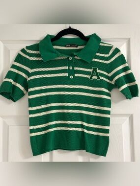 Zara Green and Cream Striped Short-Sleeve Polo